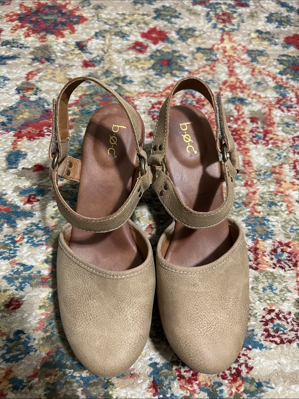 boc Beige Platform Clog Heels with Ankle Straps - Picture 2 of 4